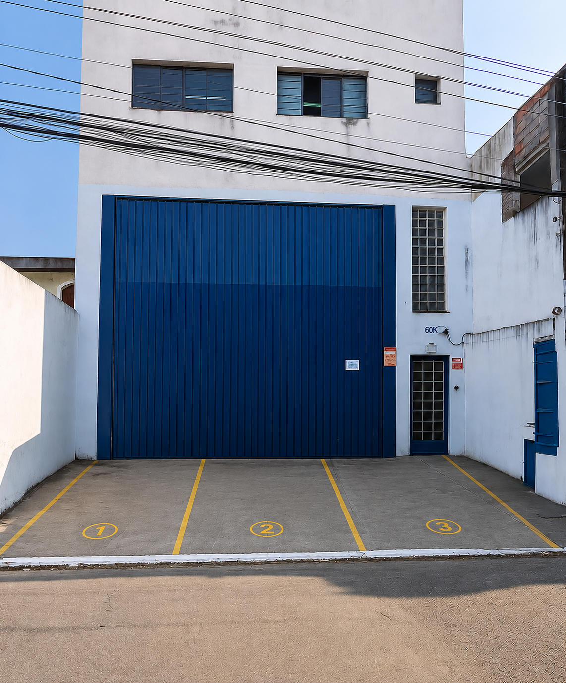 Fachada do ponto de coleta com portão amplo e três vagas de estacionamento gratuitas demarcadas